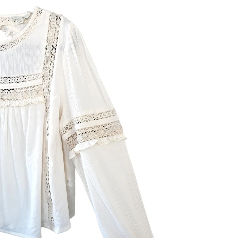 American Eagle Boho Cottagecore Lace Peplum Blouse M Cream Open Back Tie - Picture 5 of 9